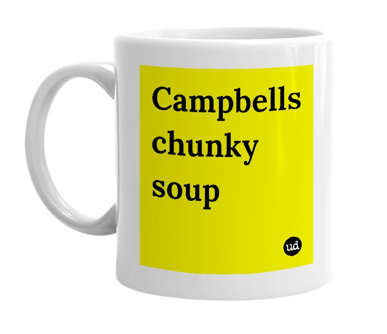 White mug with 'Campbells chunky soup' in bold black letters
