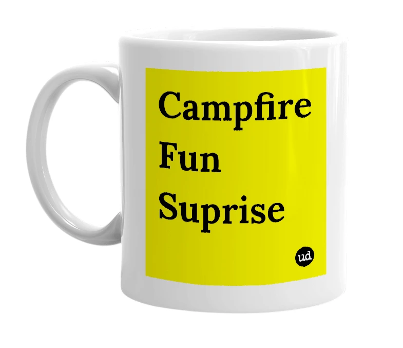 White mug with 'Campfire Fun Suprise' in bold black letters