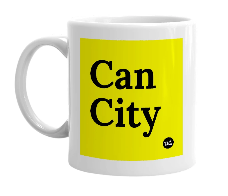 White mug with 'Can City' in bold black letters