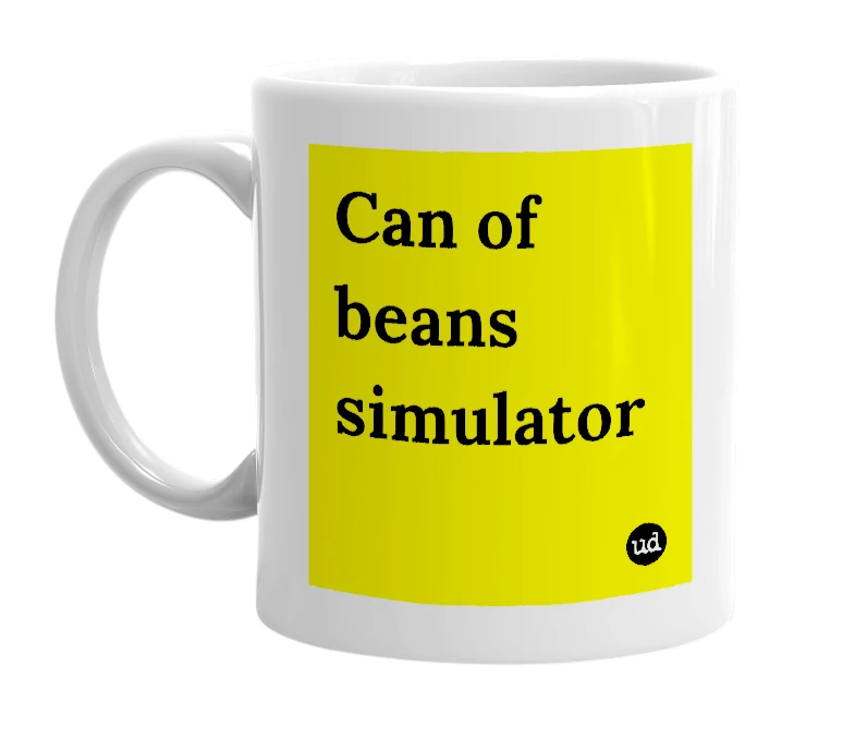 White mug with 'Can of beans simulator' in bold black letters