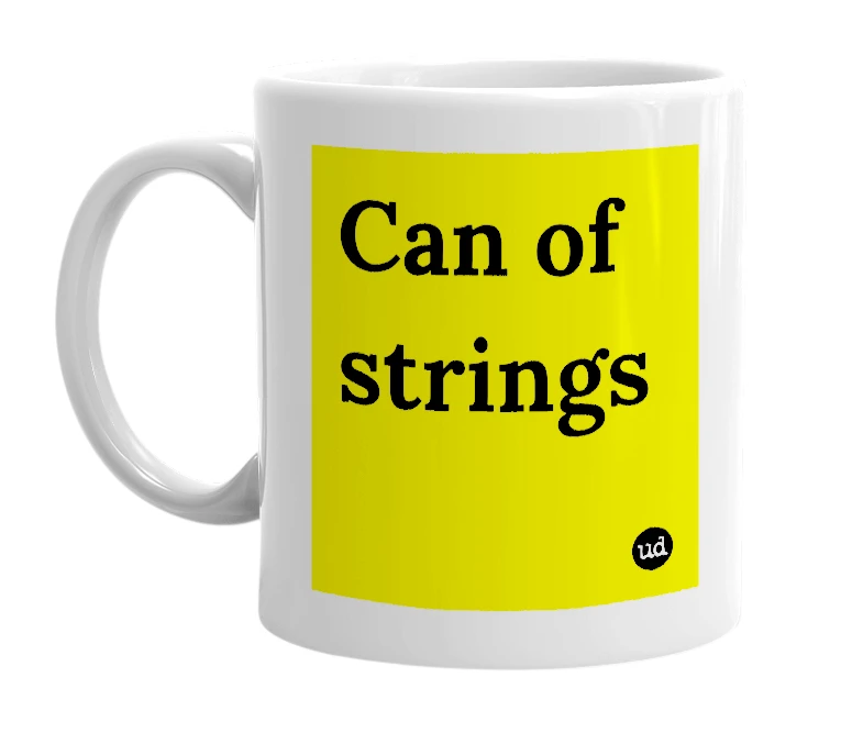 White mug with 'Can of strings' in bold black letters