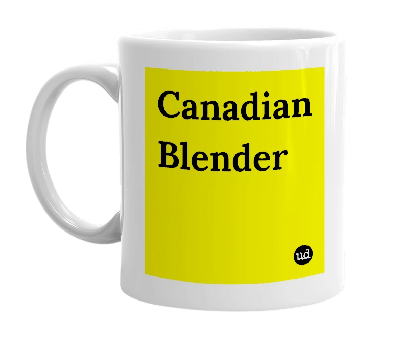White mug with 'Canadian Blender' in bold black letters