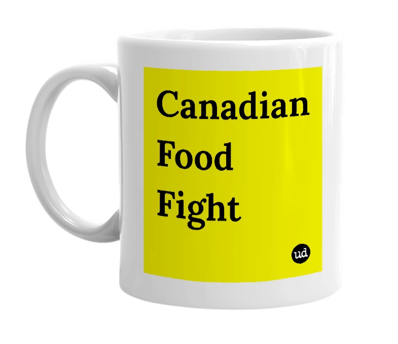 White mug with 'Canadian Food Fight' in bold black letters