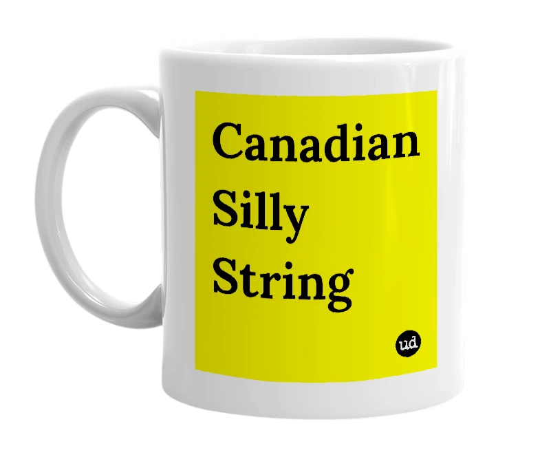 White mug with 'Canadian Silly String' in bold black letters