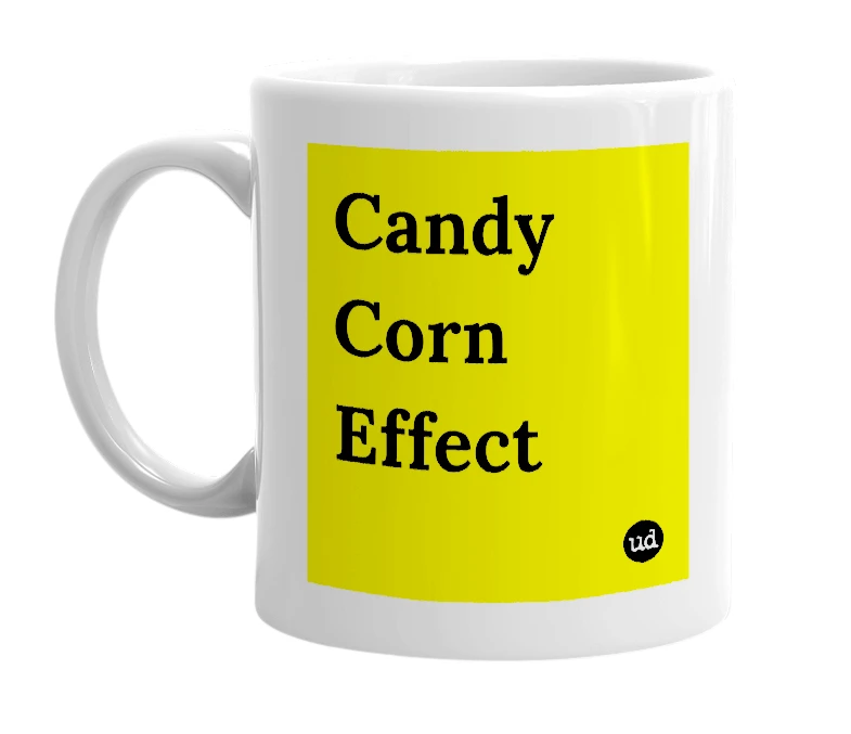 White mug with 'Candy Corn Effect' in bold black letters