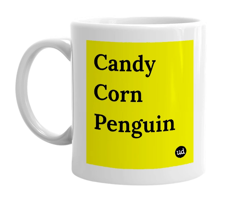 White mug with 'Candy Corn Penguin' in bold black letters