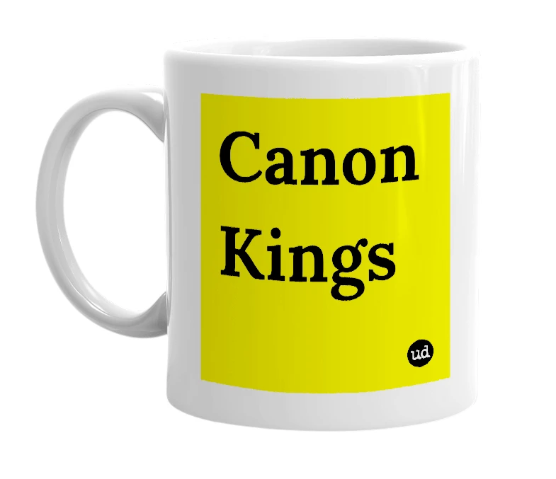 White mug with 'Canon Kings' in bold black letters