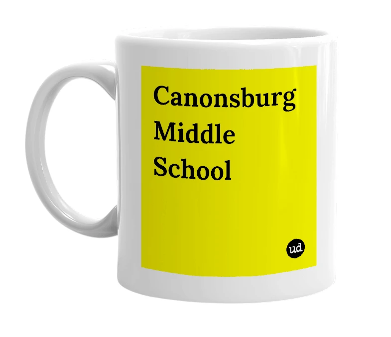White mug with 'Canonsburg Middle School' in bold black letters