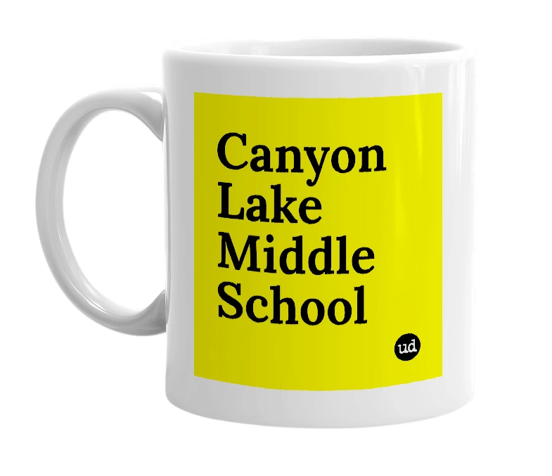 White mug with 'Canyon Lake Middle School' in bold black letters