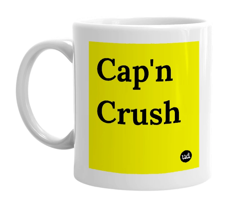 White mug with 'Cap'n Crush' in bold black letters