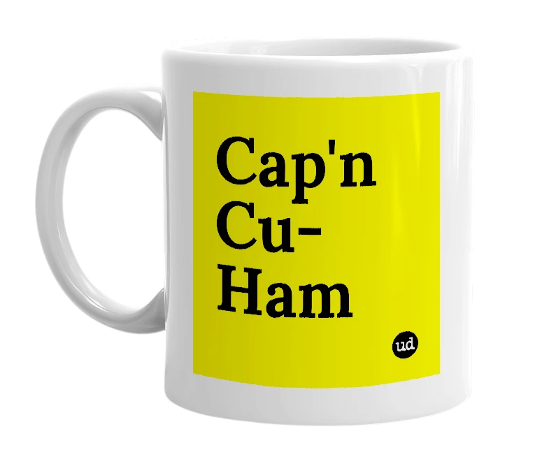 White mug with 'Cap'n Cu-Ham' in bold black letters