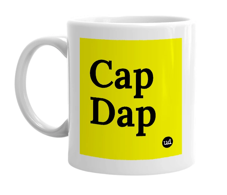 White mug with 'Cap Dap' in bold black letters