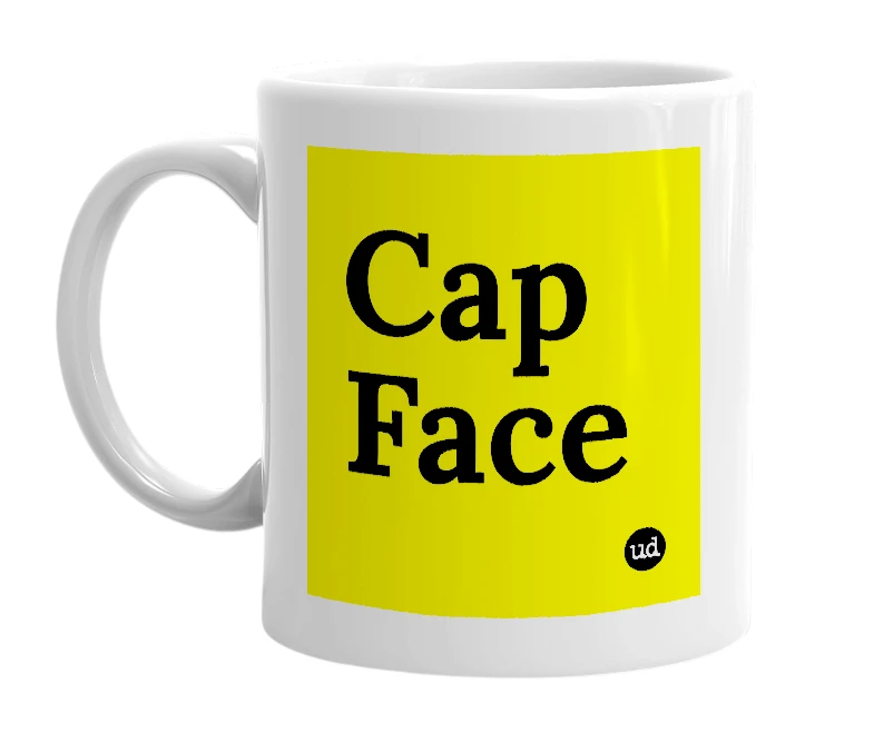 White mug with 'Cap Face' in bold black letters