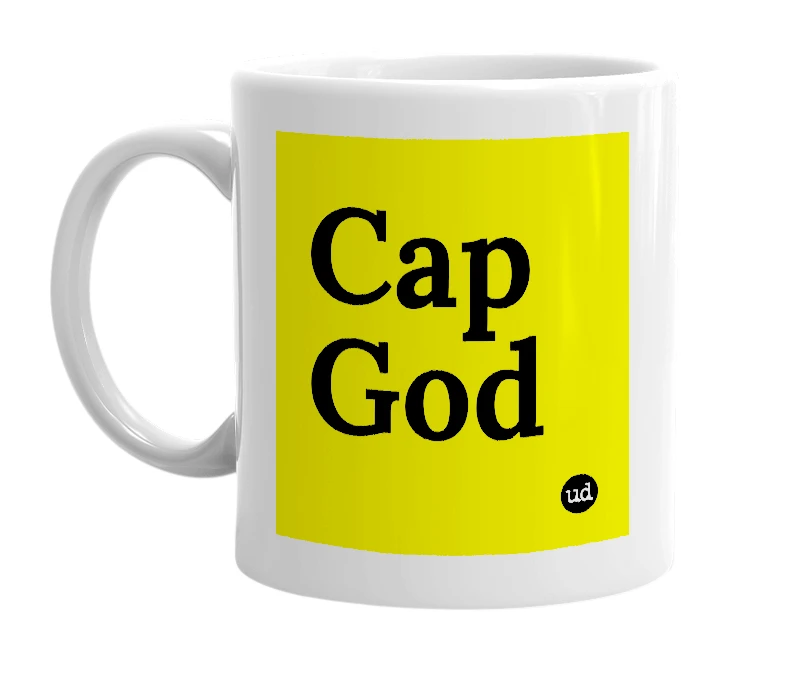 White mug with 'Cap God' in bold black letters