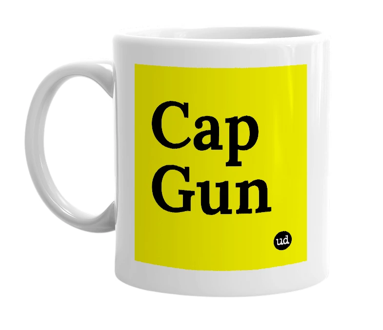 White mug with 'Cap Gun' in bold black letters