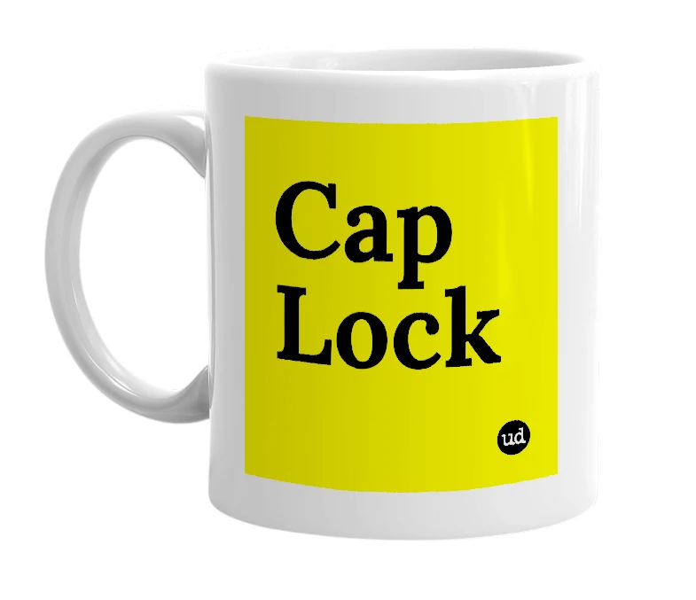 White mug with 'Cap Lock' in bold black letters