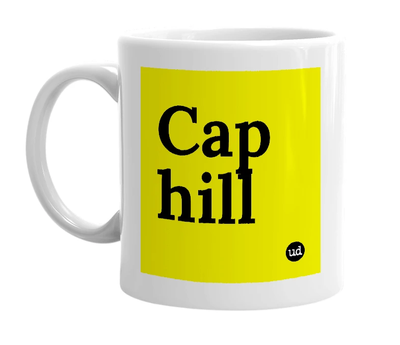 White mug with 'Cap hill' in bold black letters
