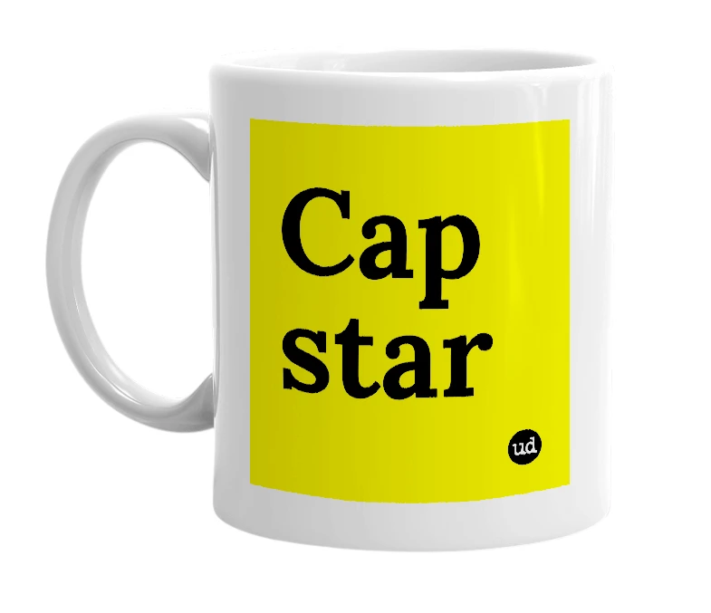 White mug with 'Cap star' in bold black letters