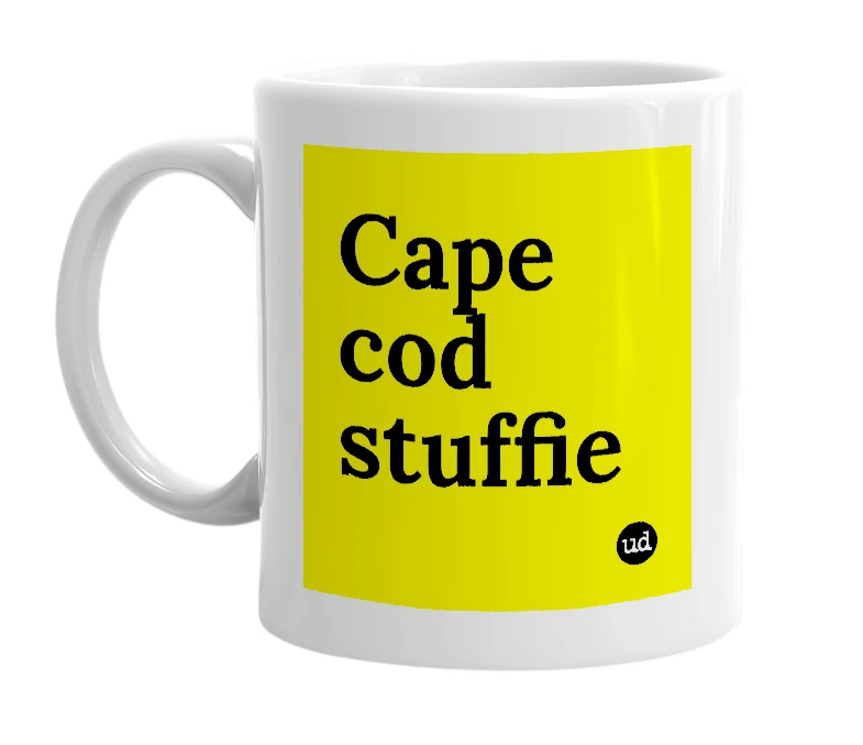 White mug with 'Cape cod stuffie' in bold black letters