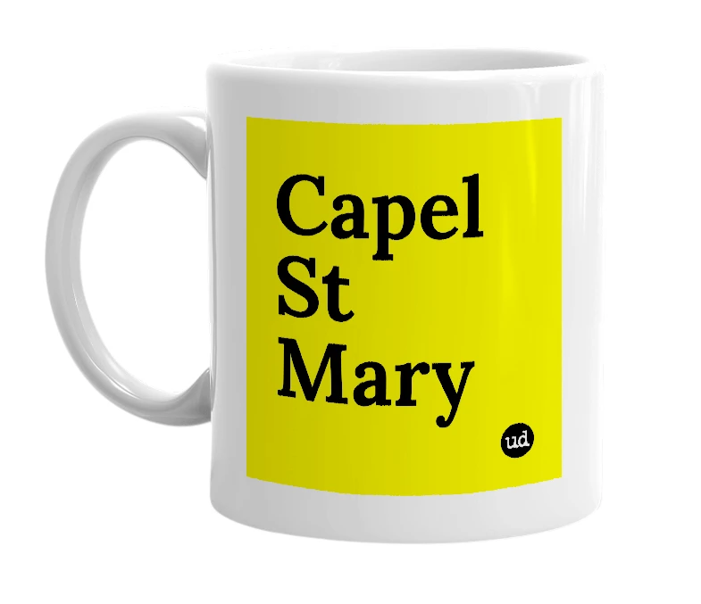 White mug with 'Capel St Mary' in bold black letters