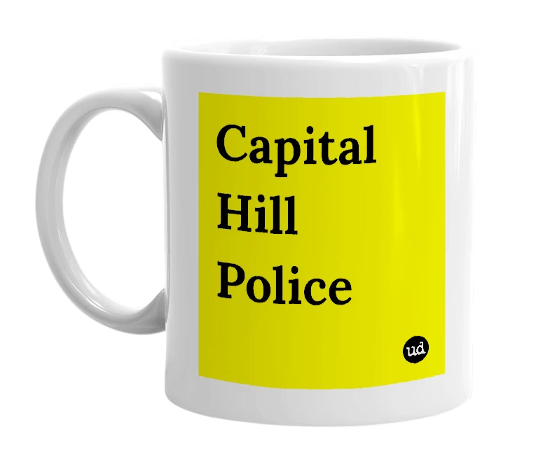 White mug with 'Capital Hill Police' in bold black letters