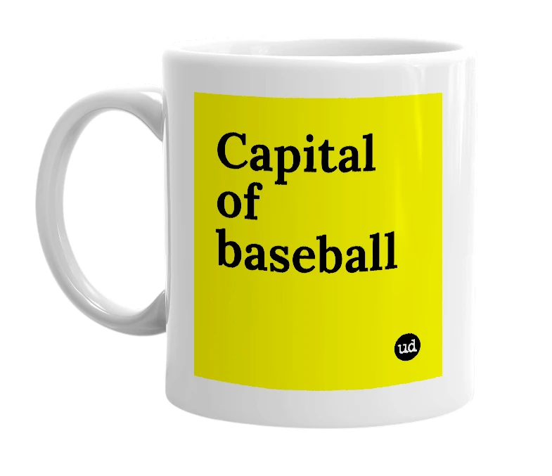 White mug with 'Capital of baseball' in bold black letters