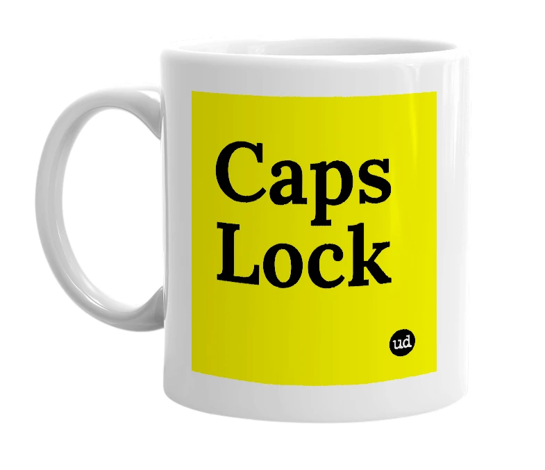 White mug with 'Caps Lock' in bold black letters