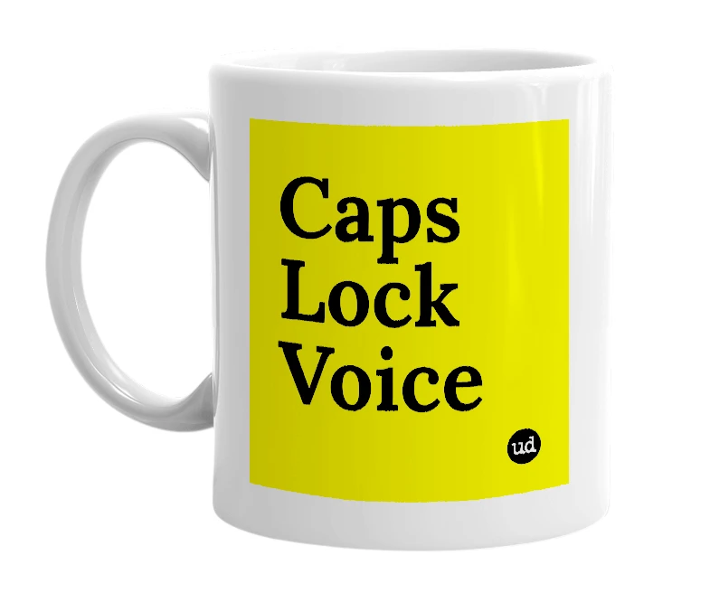 White mug with 'Caps Lock Voice' in bold black letters