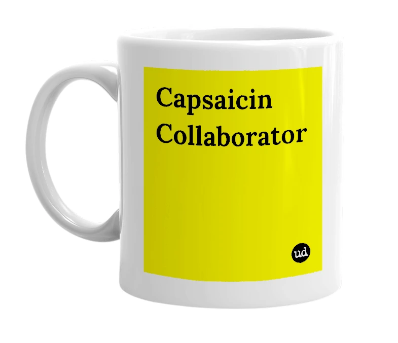 White mug with 'Capsaicin Collaborator' in bold black letters