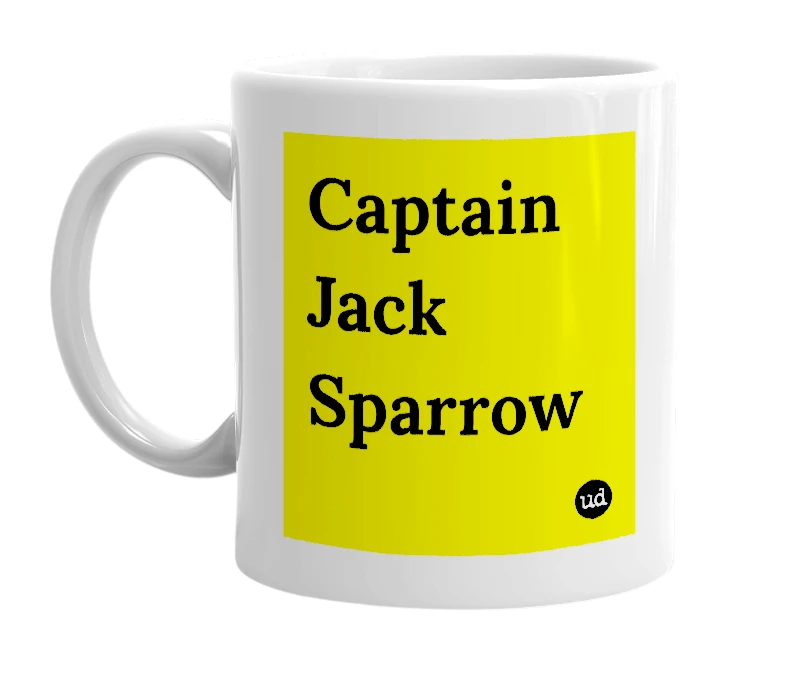 White mug with 'Captain Jack Sparrow' in bold black letters