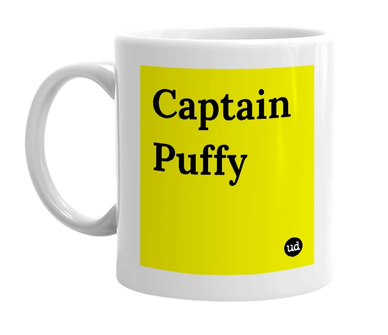 White mug with 'Captain Puffy' in bold black letters