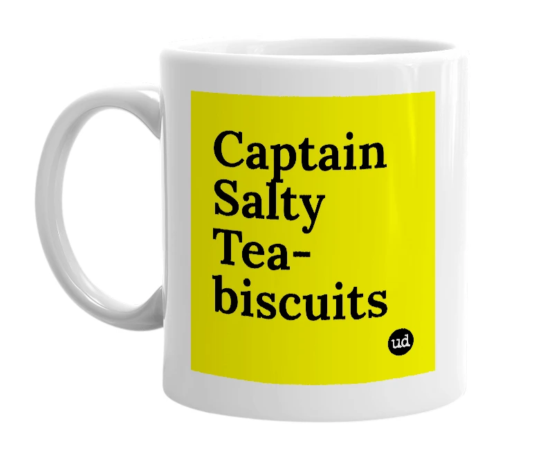 White mug with 'Captain Salty Tea-biscuits' in bold black letters