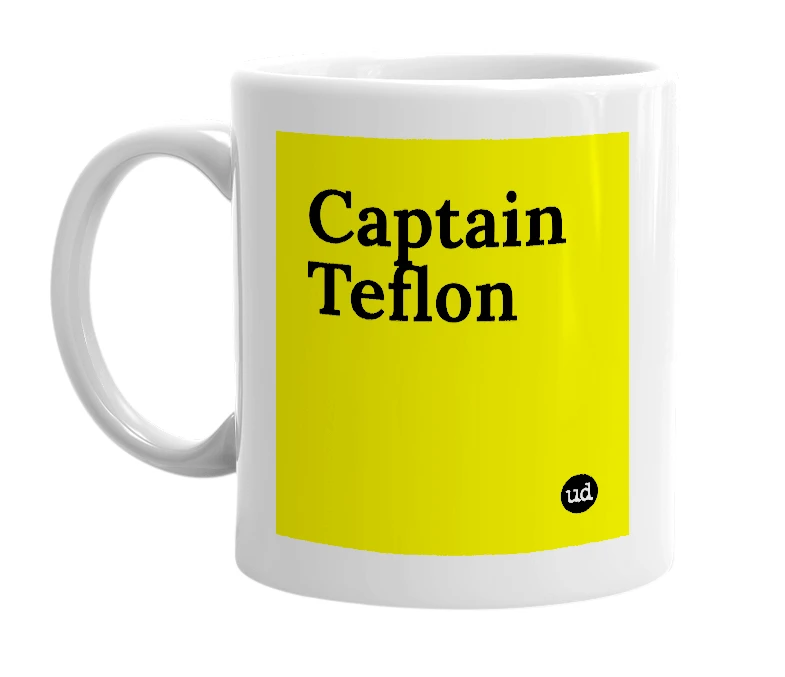 White mug with 'Captain Teflon' in bold black letters
