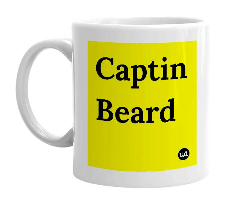 White mug with 'Captin Beard' in bold black letters