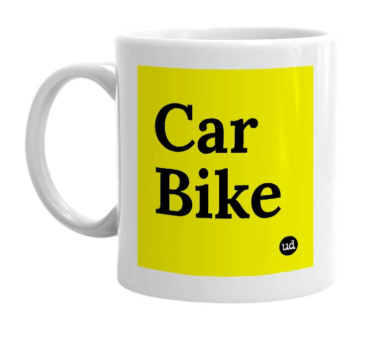 White mug with 'Car Bike' in bold black letters