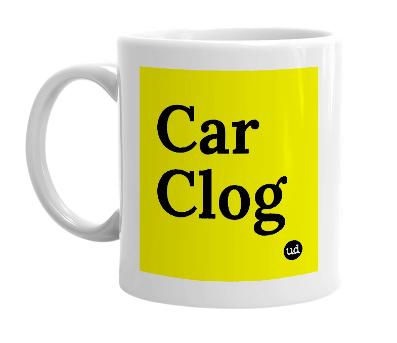 White mug with 'Car Clog' in bold black letters