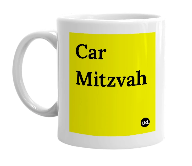 White mug with 'Car Mitzvah' in bold black letters