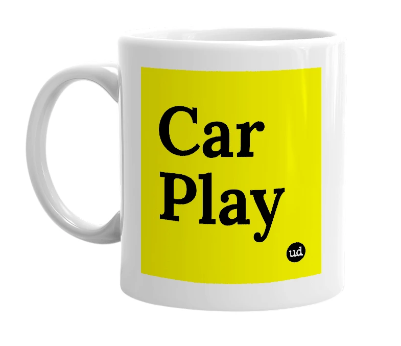 White mug with 'Car Play' in bold black letters