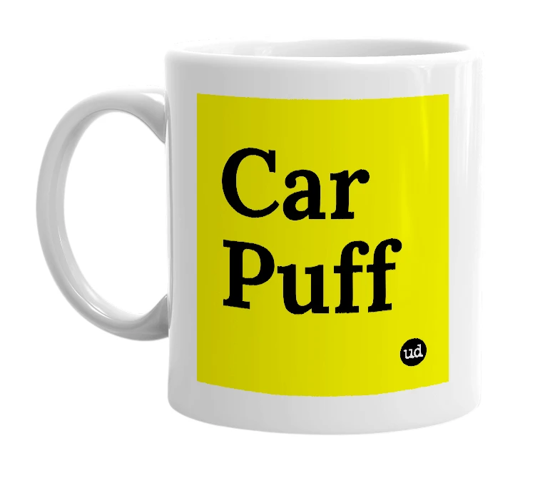White mug with 'Car Puff' in bold black letters