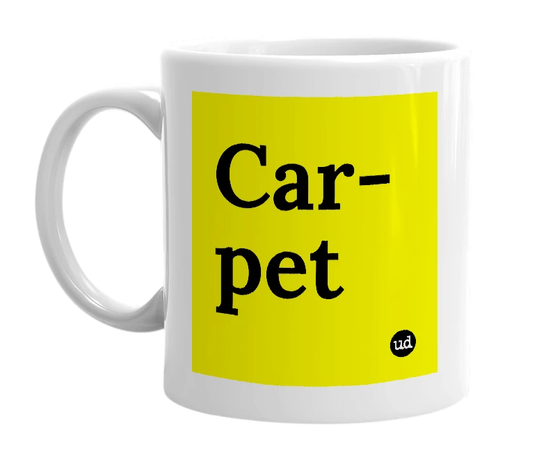 White mug with 'Car-pet' in bold black letters