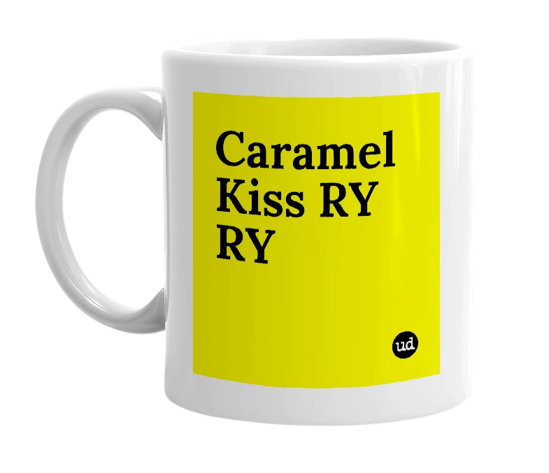 White mug with 'Caramel Kiss RY RY' in bold black letters