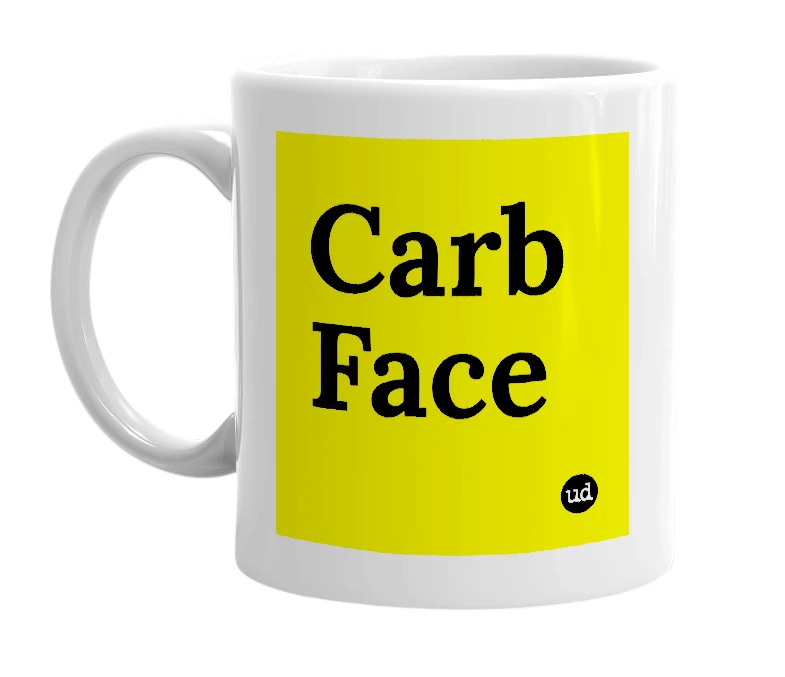 White mug with 'Carb Face' in bold black letters