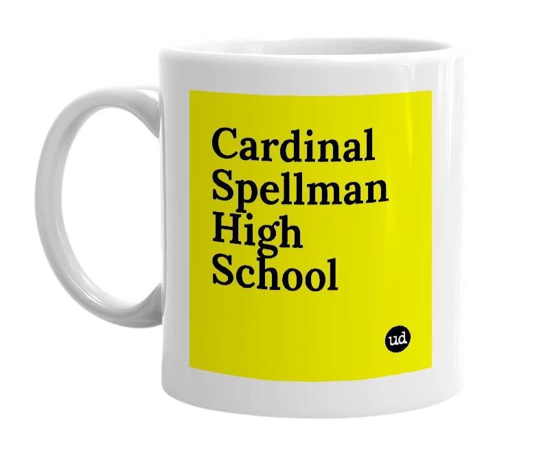 White mug with 'Cardinal Spellman High School' in bold black letters