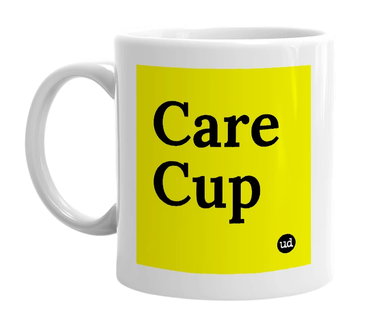 White mug with 'Care Cup' in bold black letters