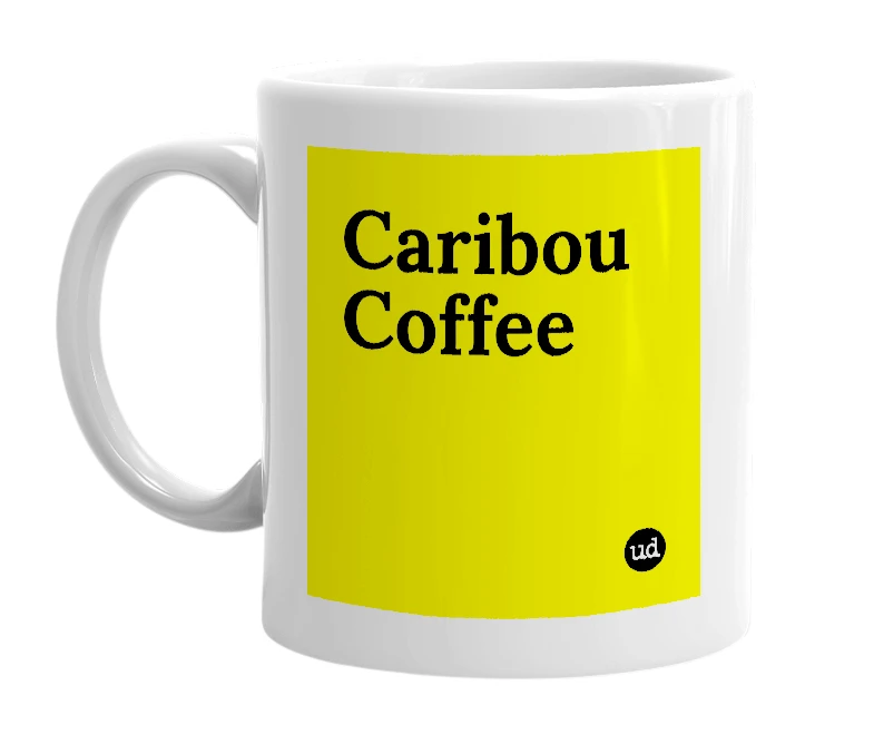 White mug with 'Caribou Coffee' in bold black letters