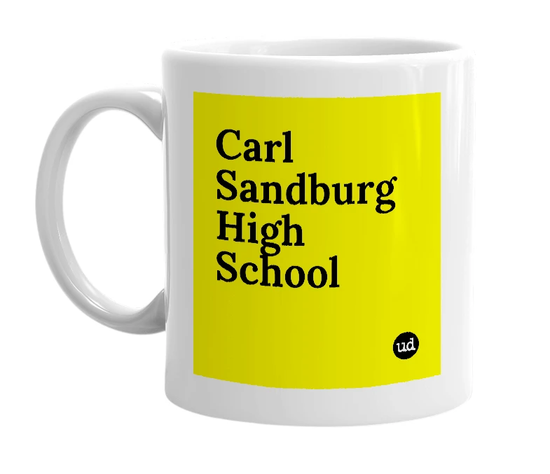 White mug with 'Carl Sandburg High School' in bold black letters