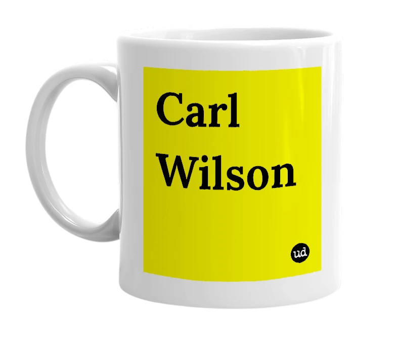White mug with 'Carl Wilson' in bold black letters