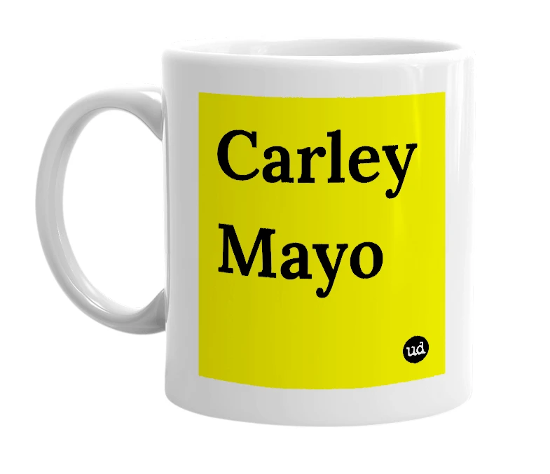 White mug with 'Carley Mayo' in bold black letters