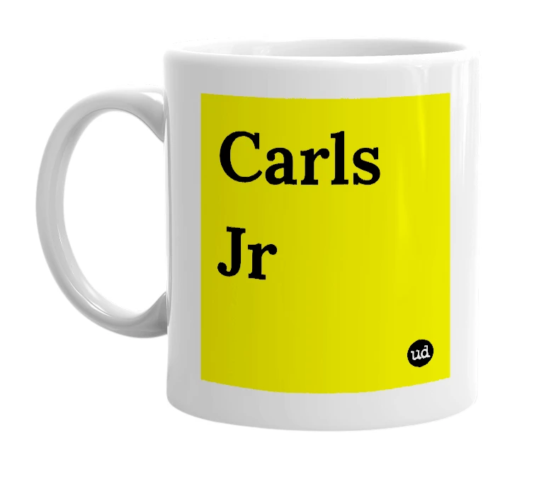 White mug with 'Carls Jr' in bold black letters