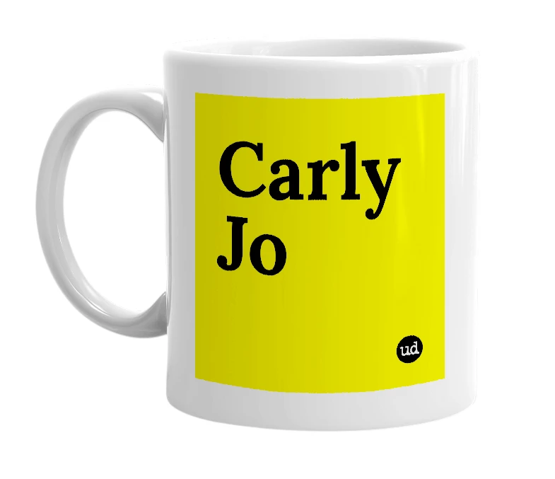 White mug with 'Carly Jo' in bold black letters